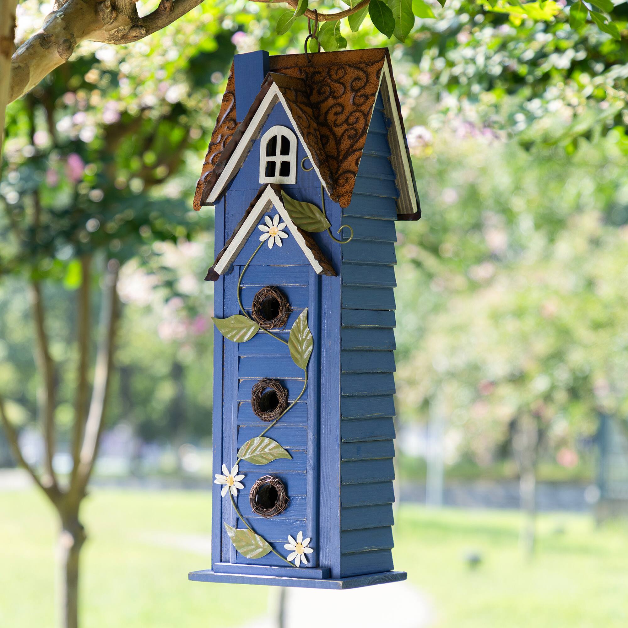 Glitzhome® 24.25" Oversized Washed Blue 3-Tiered Solid Wood Villa Birdhouse